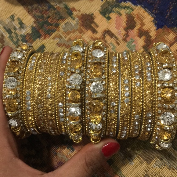 Golden Rhinestone Bangle Set - Picture 1 of 3